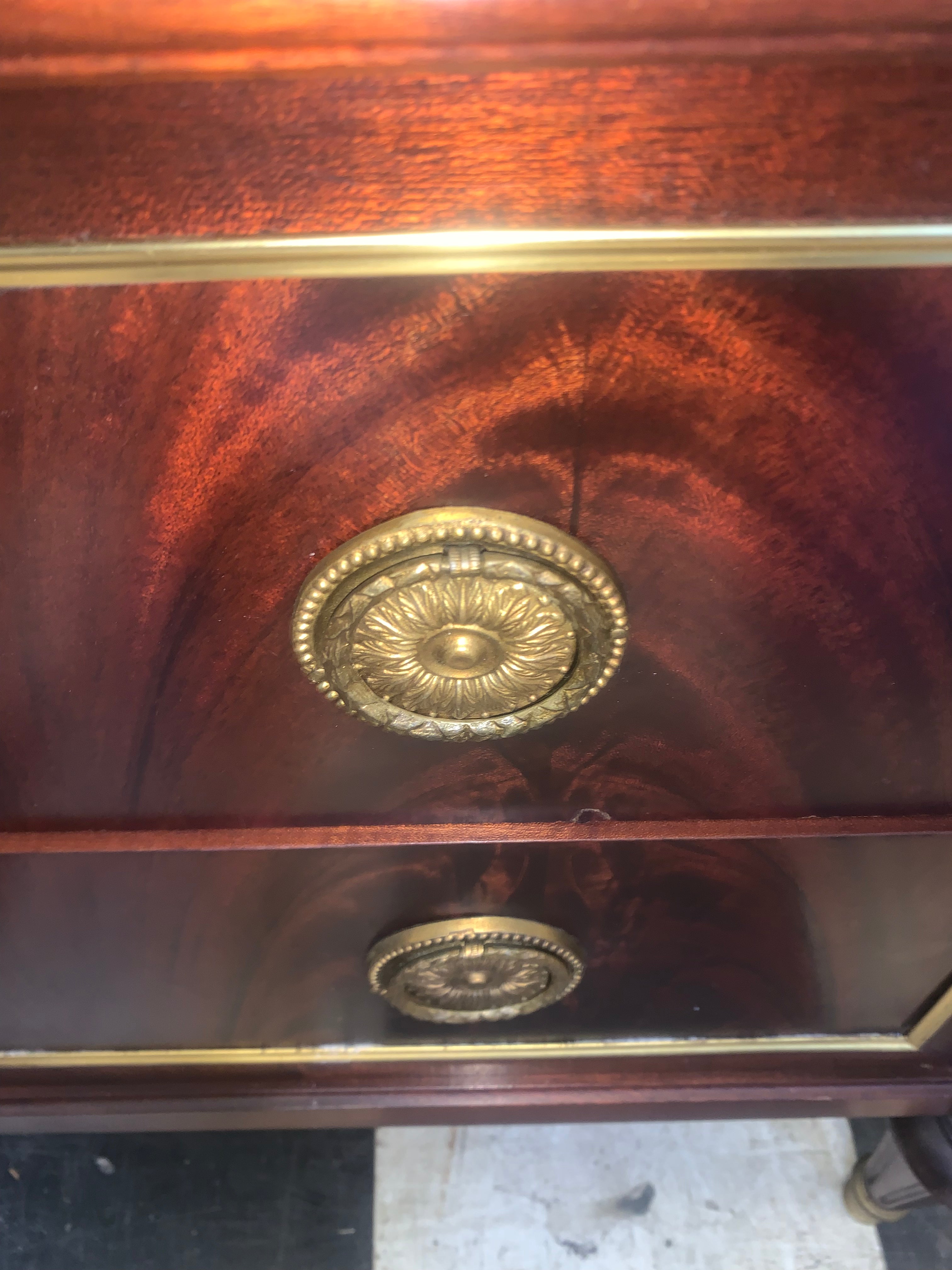 Gilt Ormolu Trimmed Louis XVI Marble Top Mahogany Chest  c.1920s