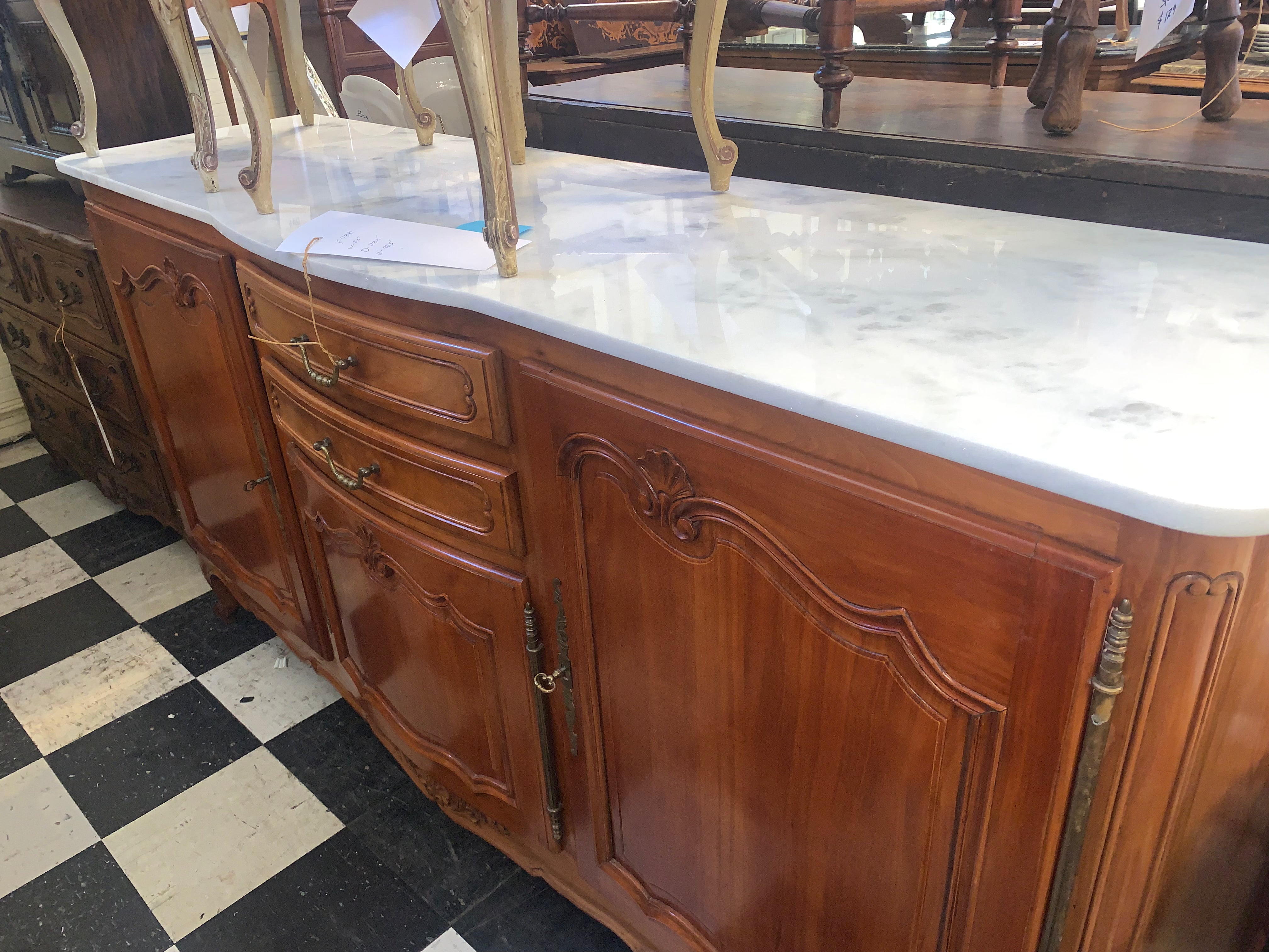 Country French Cherry Sideboard White Marble Top  c.1940s