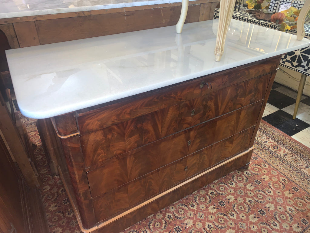 Flame Mahogany Louis Philippe White Marble Top Chest  c.1900