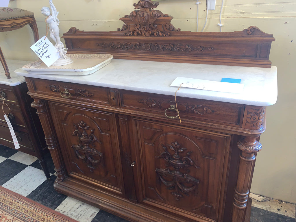 Hard To Find Medium Size French Renaissance Carved Walnut White Marble Top Sideboard  c.1900