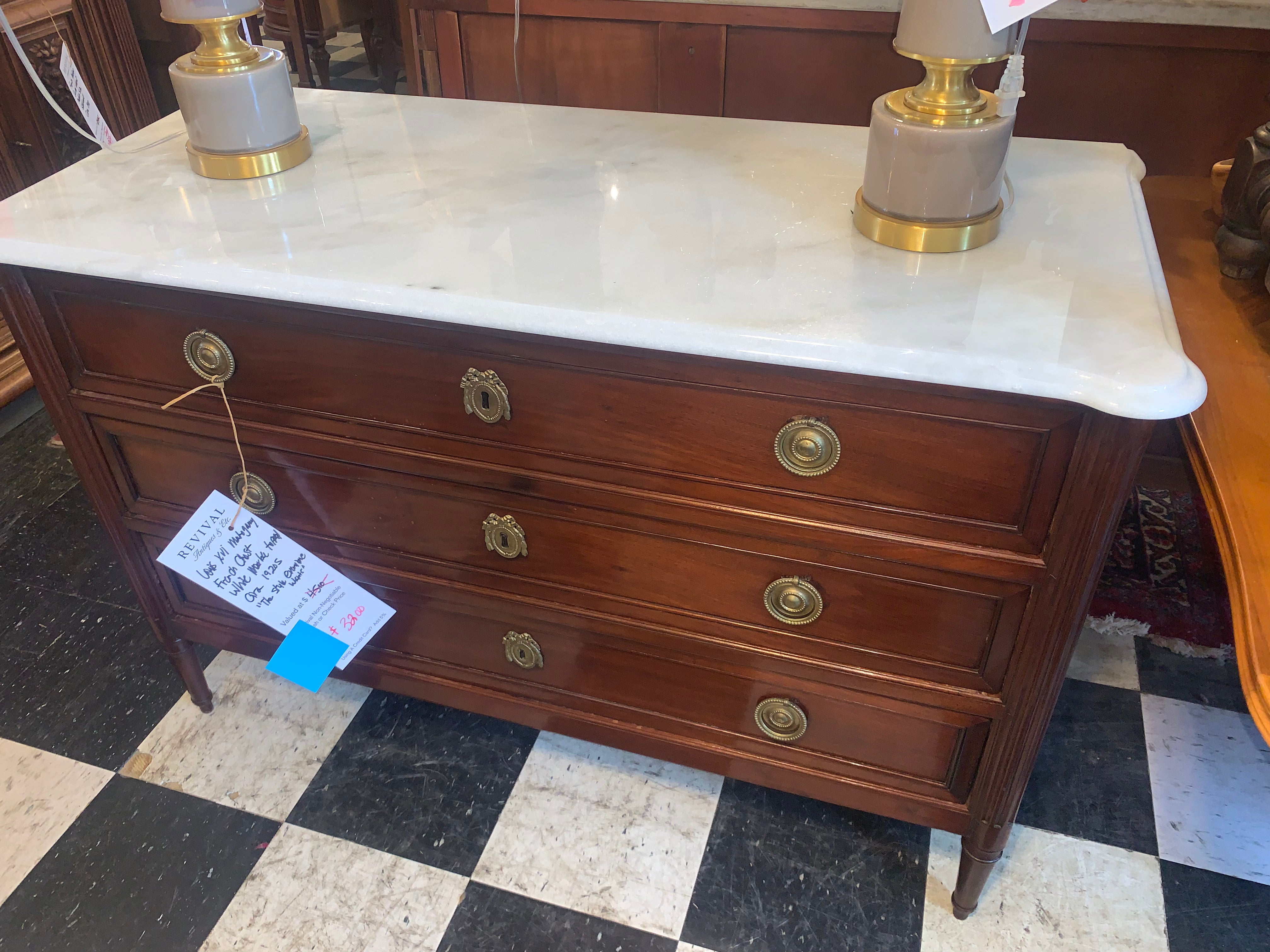 Louis XVI Mahogany French White Marble Top Chest  c.1920s