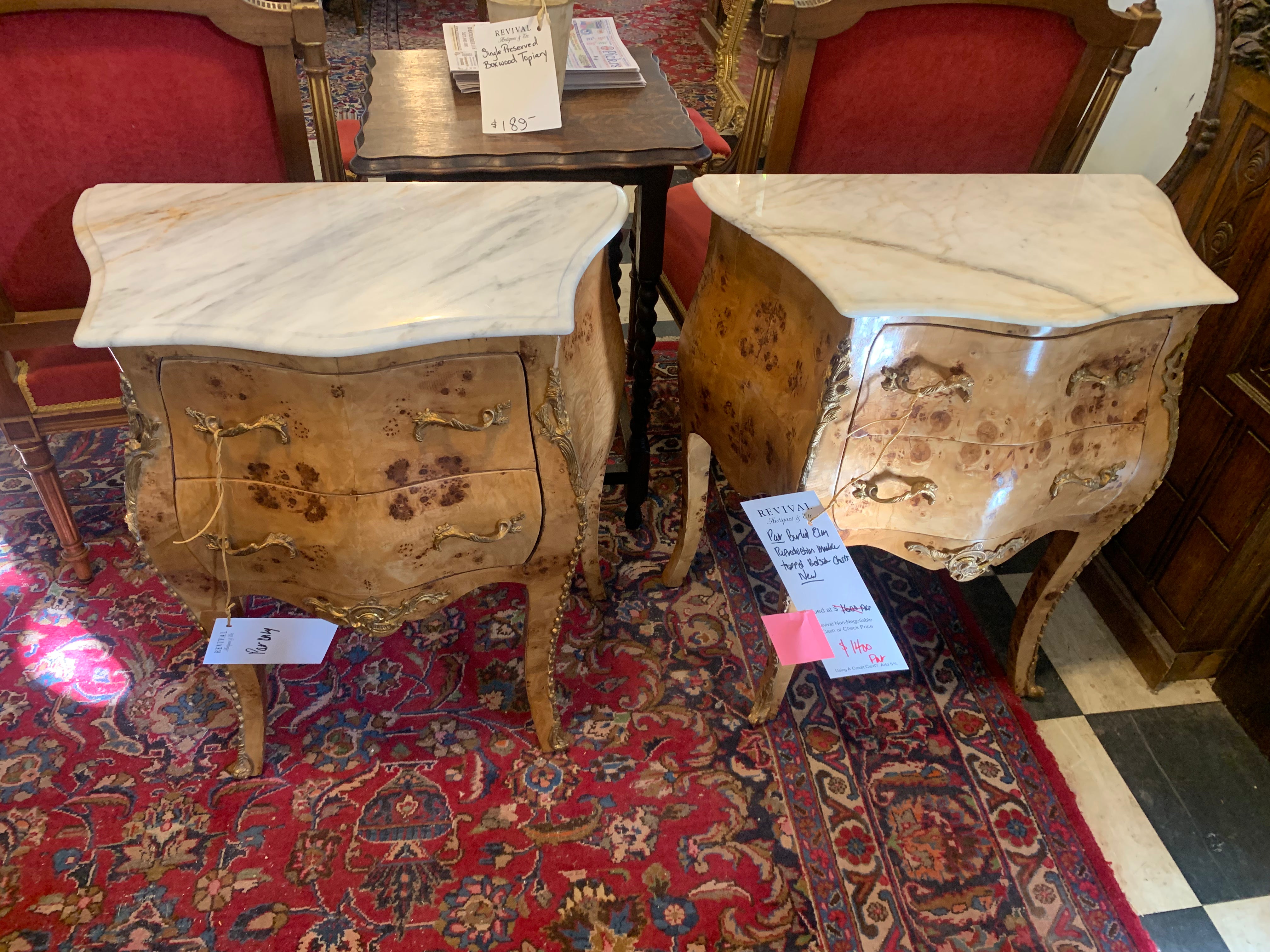 Pair Burled Elm Reproduction Marble Top Bedsides Chest New