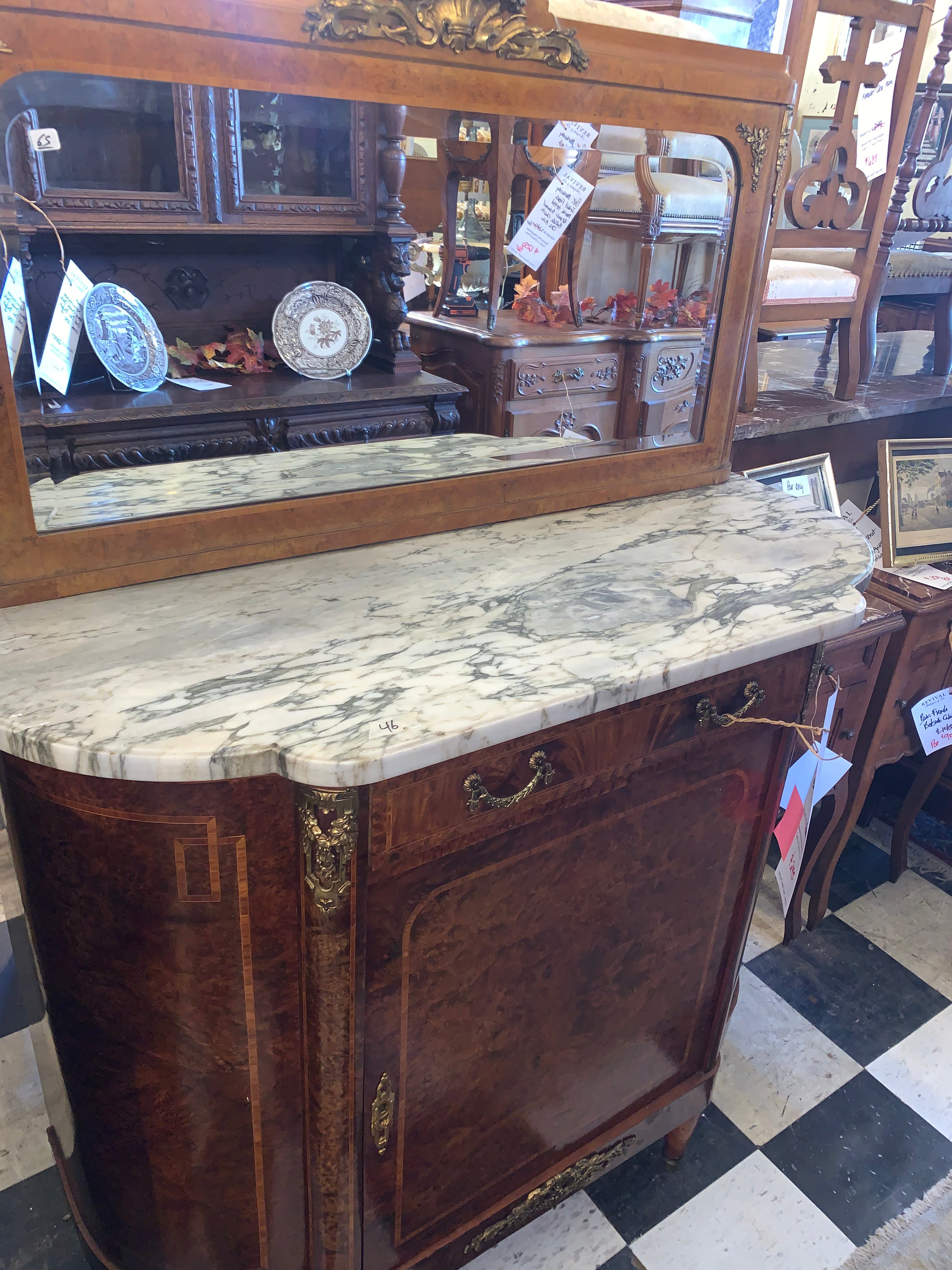 Hard to Find Size Small French Sideboard Marble Top Mirror Back  c.1920