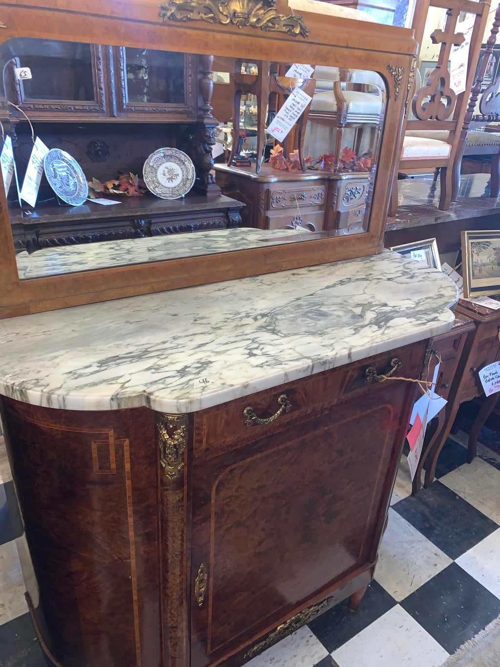 Hard to Find Size Small French Sideboard Marble Top Mirror Back  c.1920