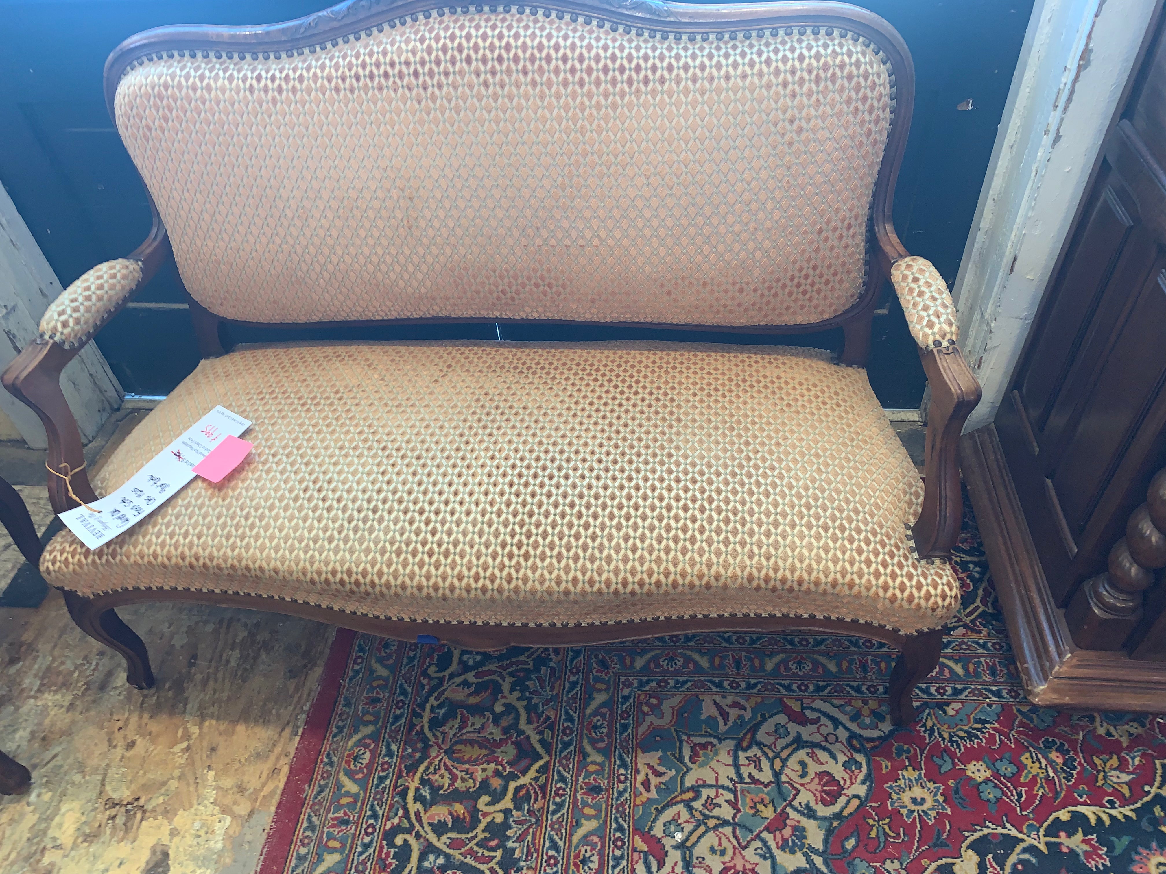 Carved Oak French Settee  c.1920s   Great Textile