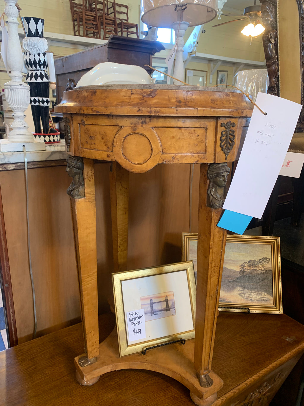 Vintage Birds Eye Maple Reproduction Marble Top Table  c.1960s