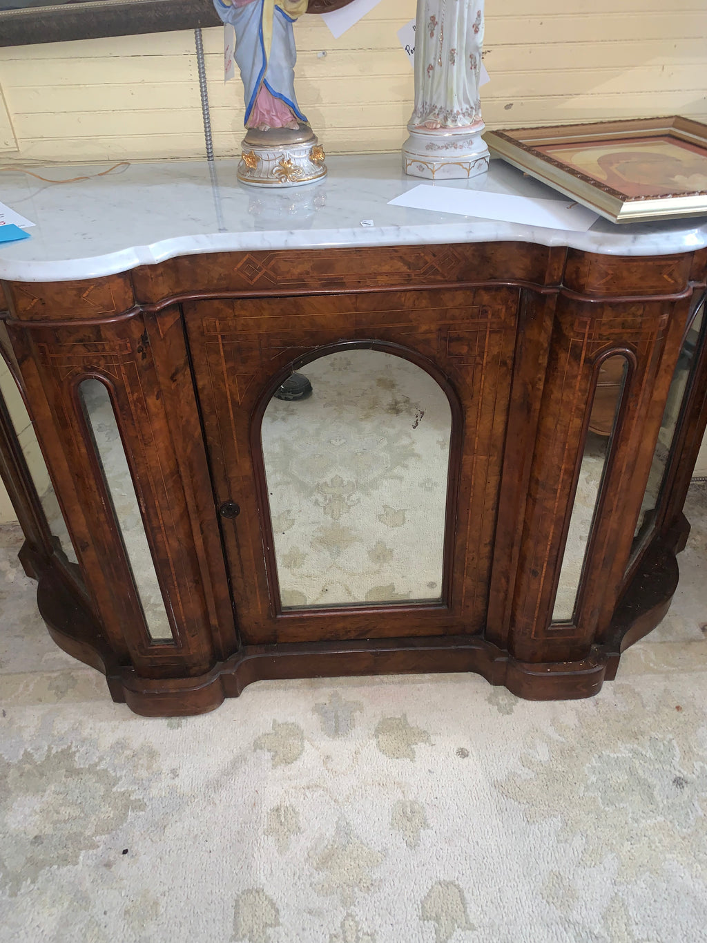 Antique Marble Top Victorian Inlaid Mahogany Sideboard minor chips to finish