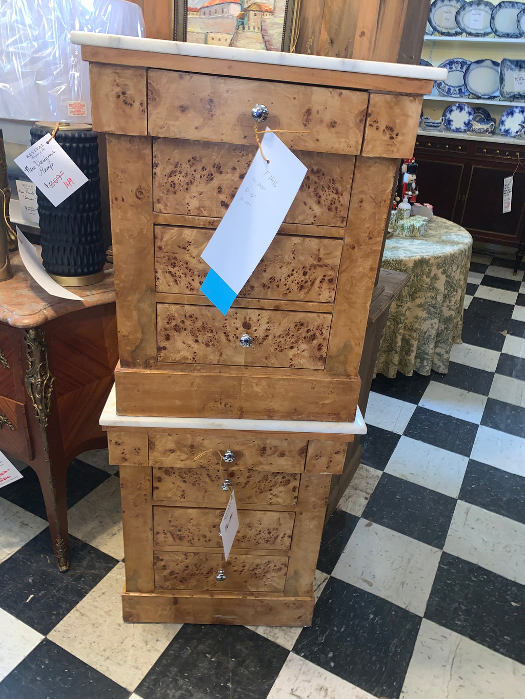 Pair Birds Eye Maple Reproduction Marble Top Bedside Chest NEW