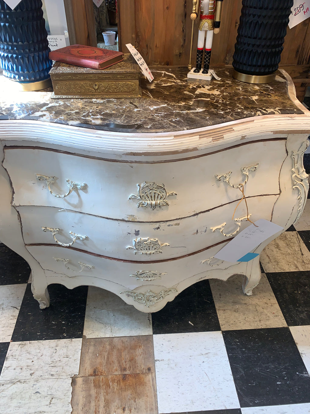 Vintage Marble Top Chippy Paint Bombe Chest  c.1950s