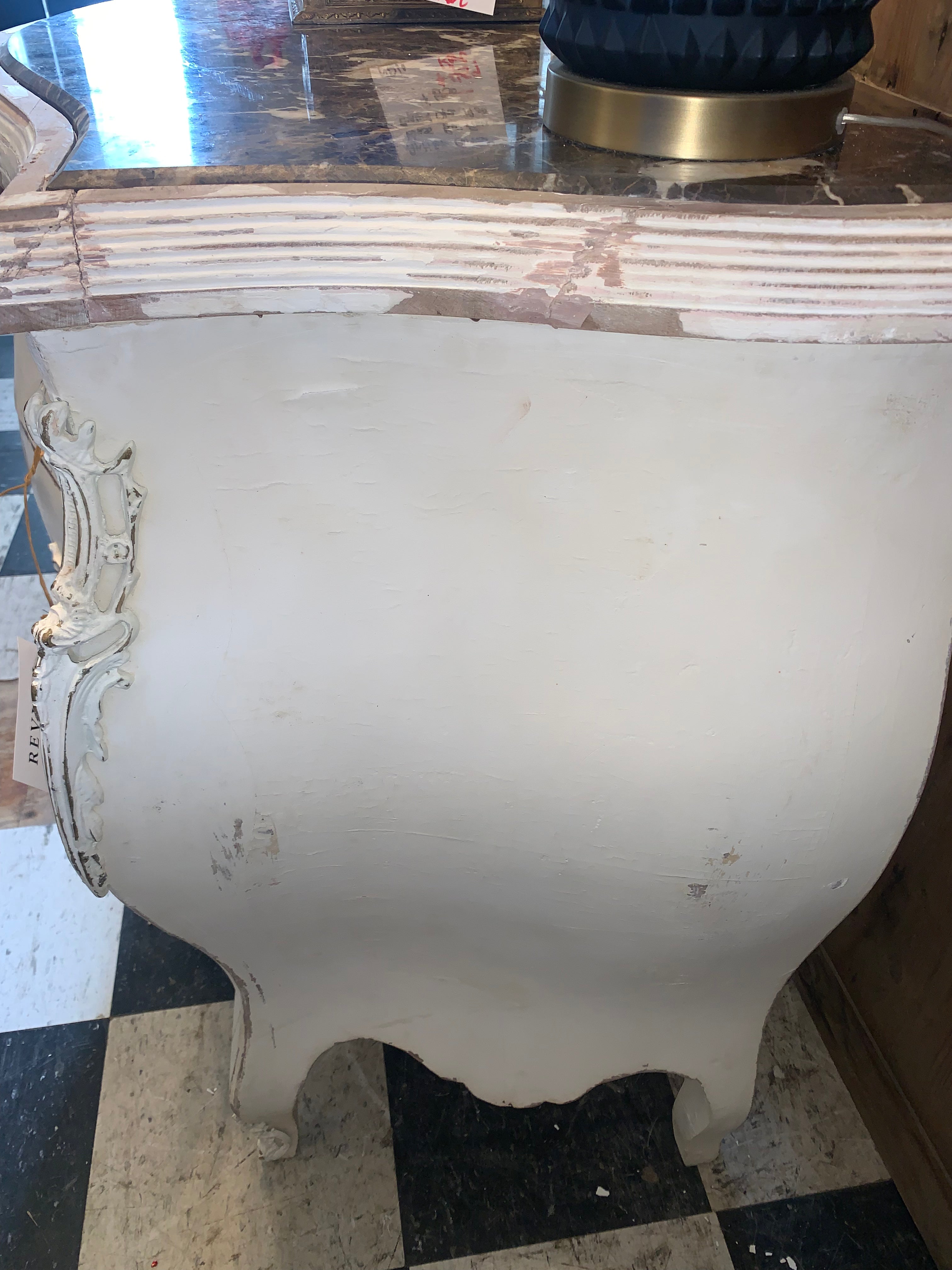 Vintage Marble Top Chippy Paint Bombe Chest  c.1950s