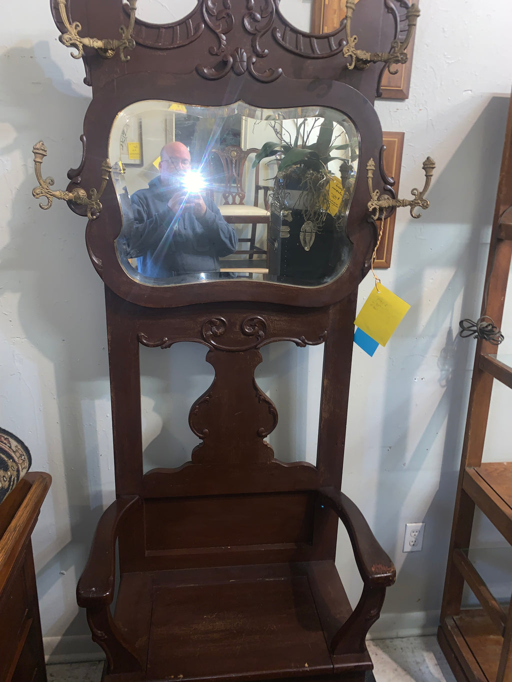 Early 1900s Hall Tree w/ Bevel Mirror As Is