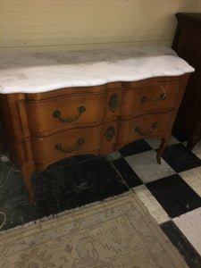 French Cherry Ormolu Trimmed Petite Chest White Marble Top  c.1920s