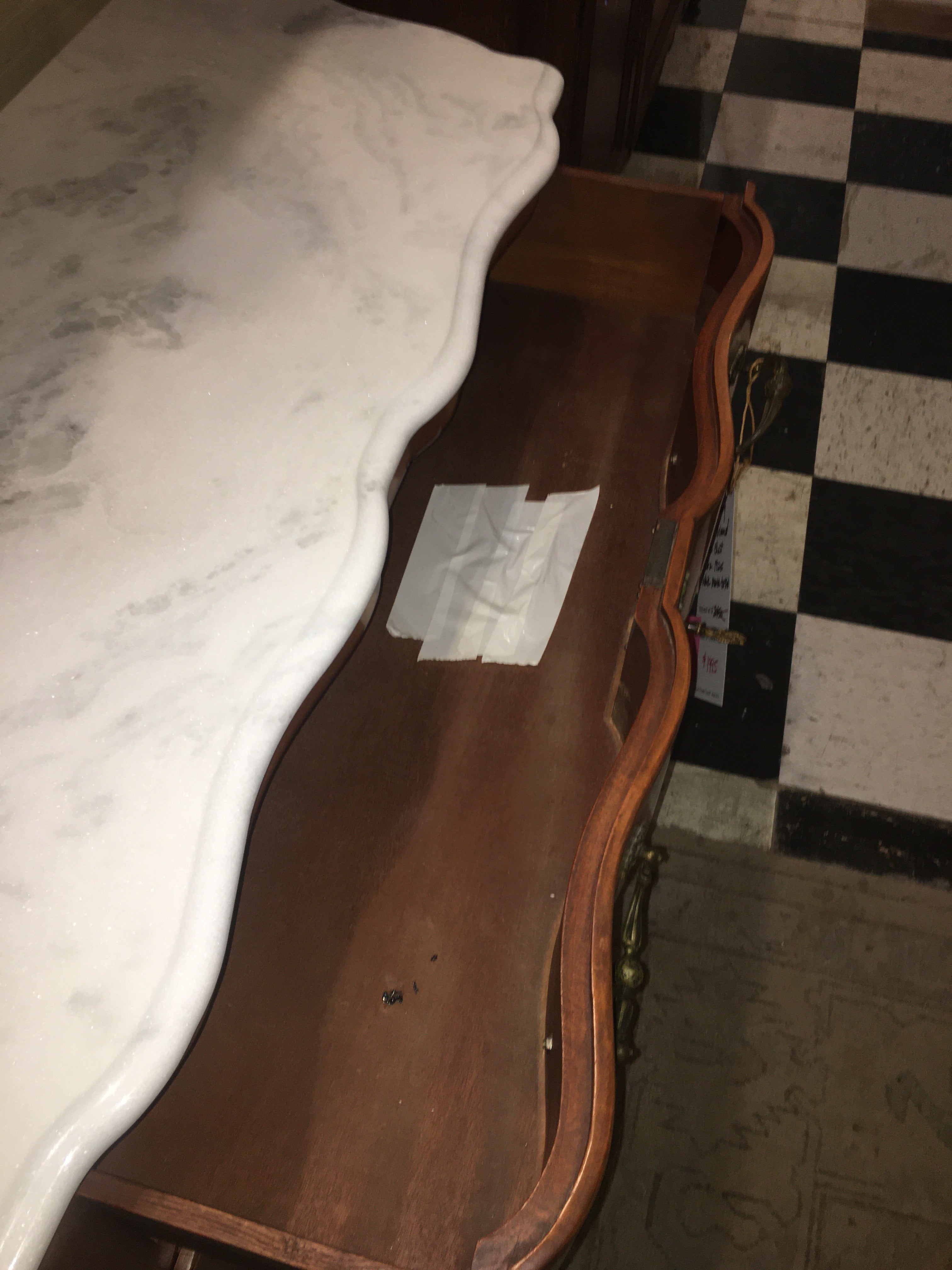 French Cherry Ormolu Trimmed Petite Chest White Marble Top  c.1920s