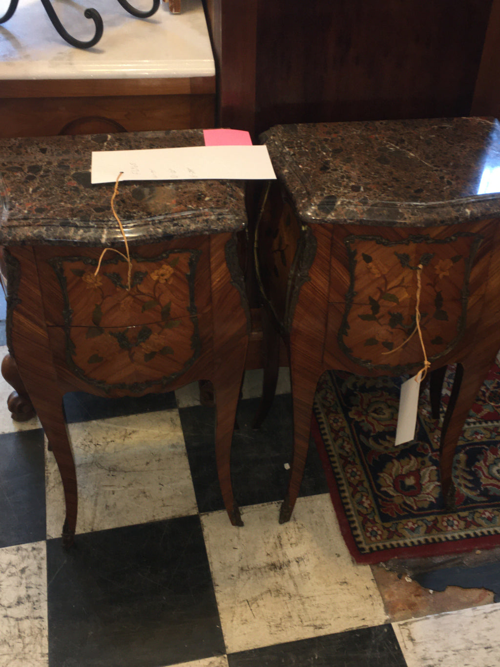 PAIR Marquetry Inlaid French Marble Top Ormolu Trimmed Bedside Chest c.1920