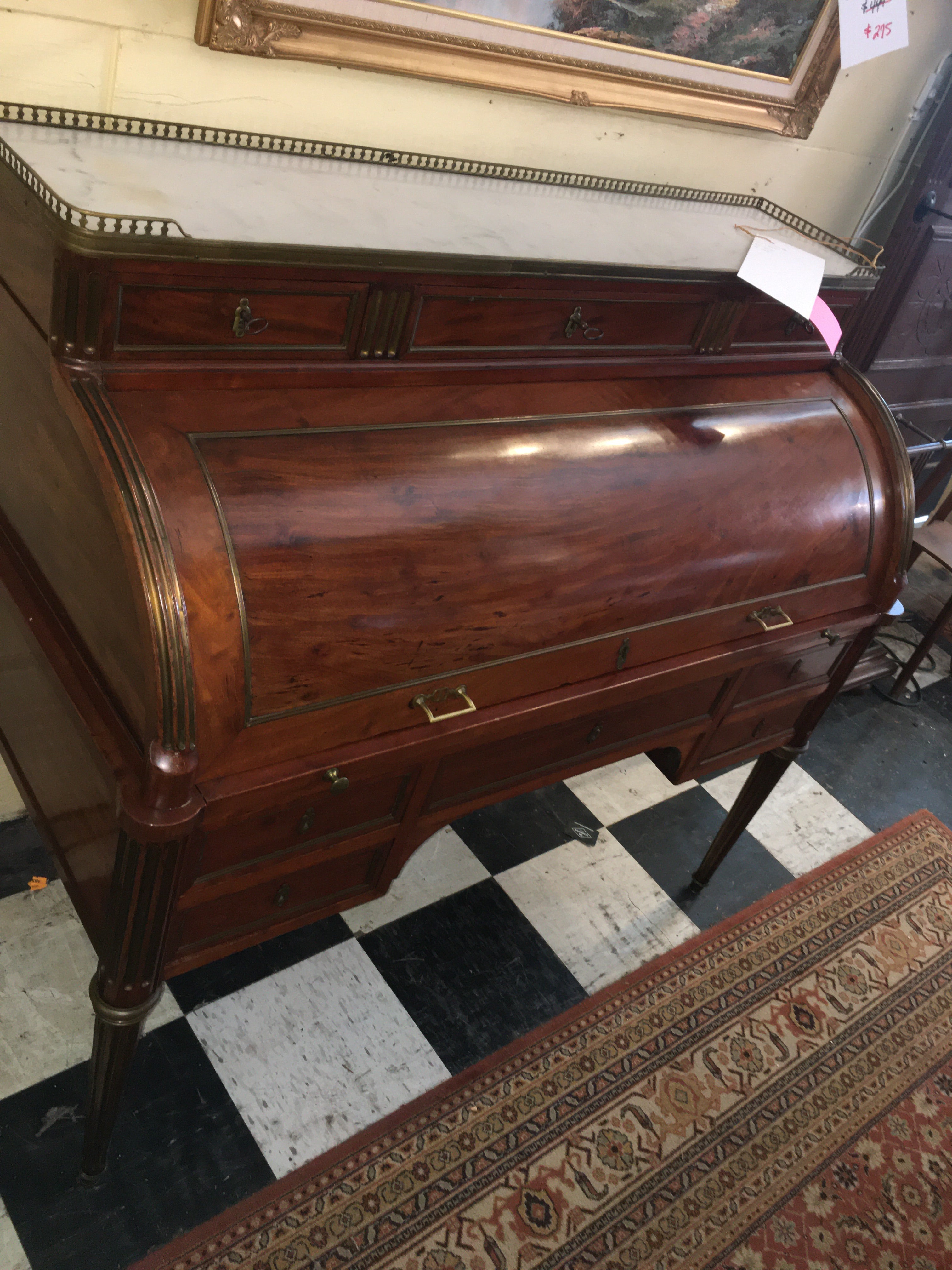 SUPER RARE French Mahogany Cylinder Desk Marble Top  c.1920s
