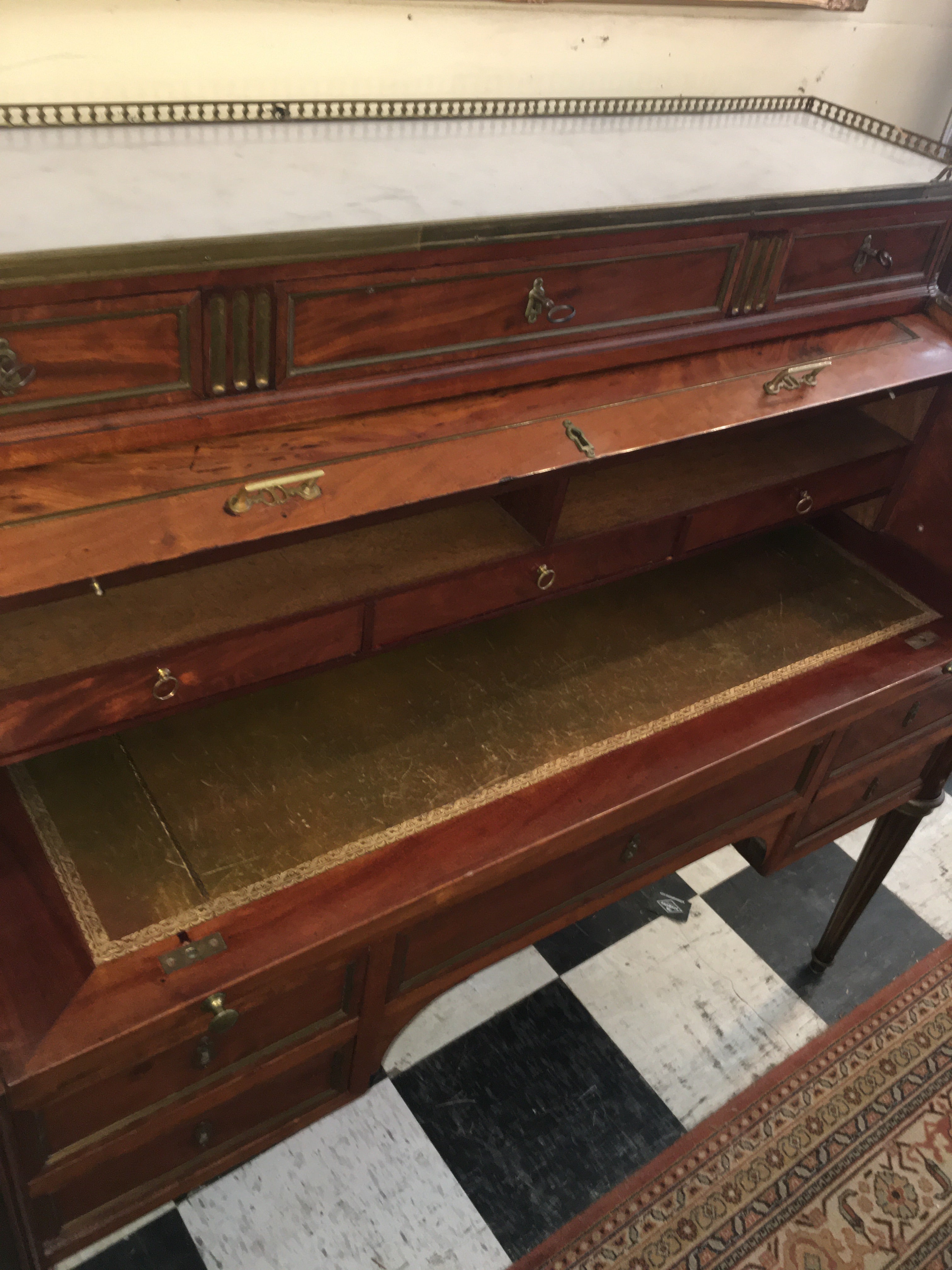 SUPER RARE French Mahogany Cylinder Desk Marble Top  c.1920s