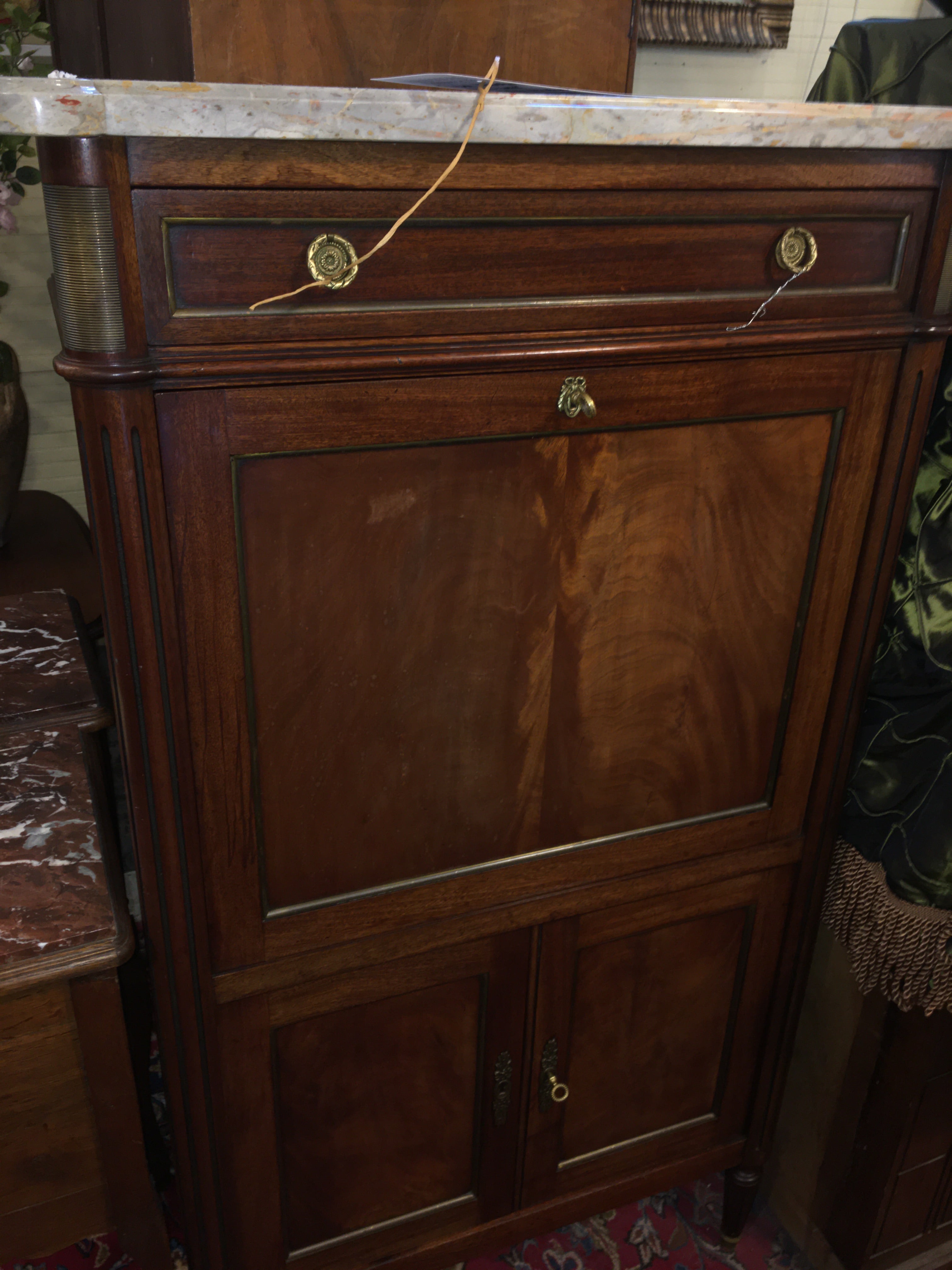 FRENCH MAHOGANY MARBLE TOP SECRETARY DROP FRONT DESK  c.1930s