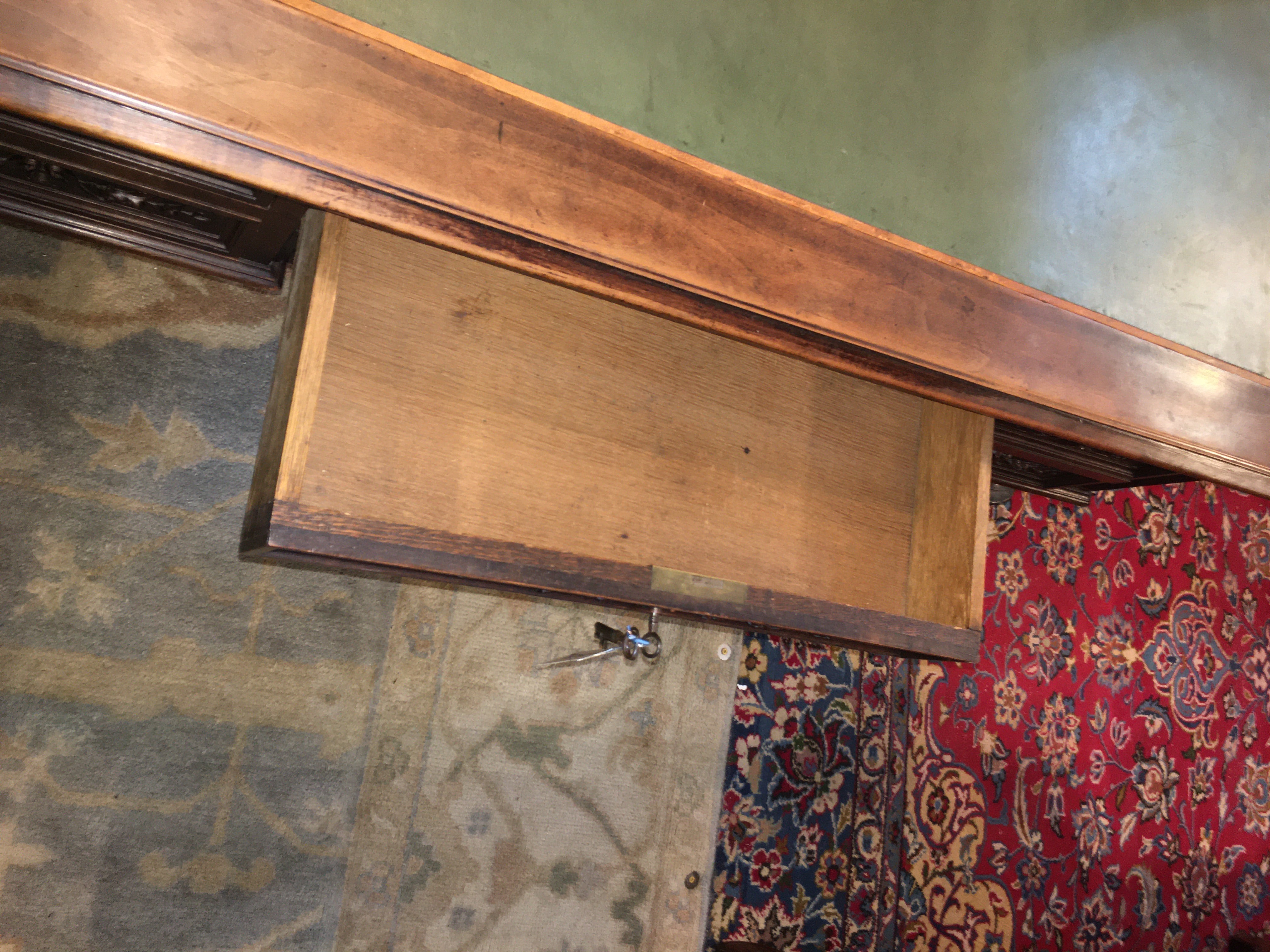 FRENCH CARVED OAK WRITING DESK  c.1900   "WEAR TO TOP"