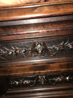FRENCH CARVED OAK WRITING DESK  c.1900   "WEAR TO TOP"