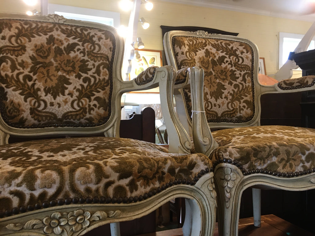 PAIR ANTIQUE PAINTED FRENCH ARM CHAIRS