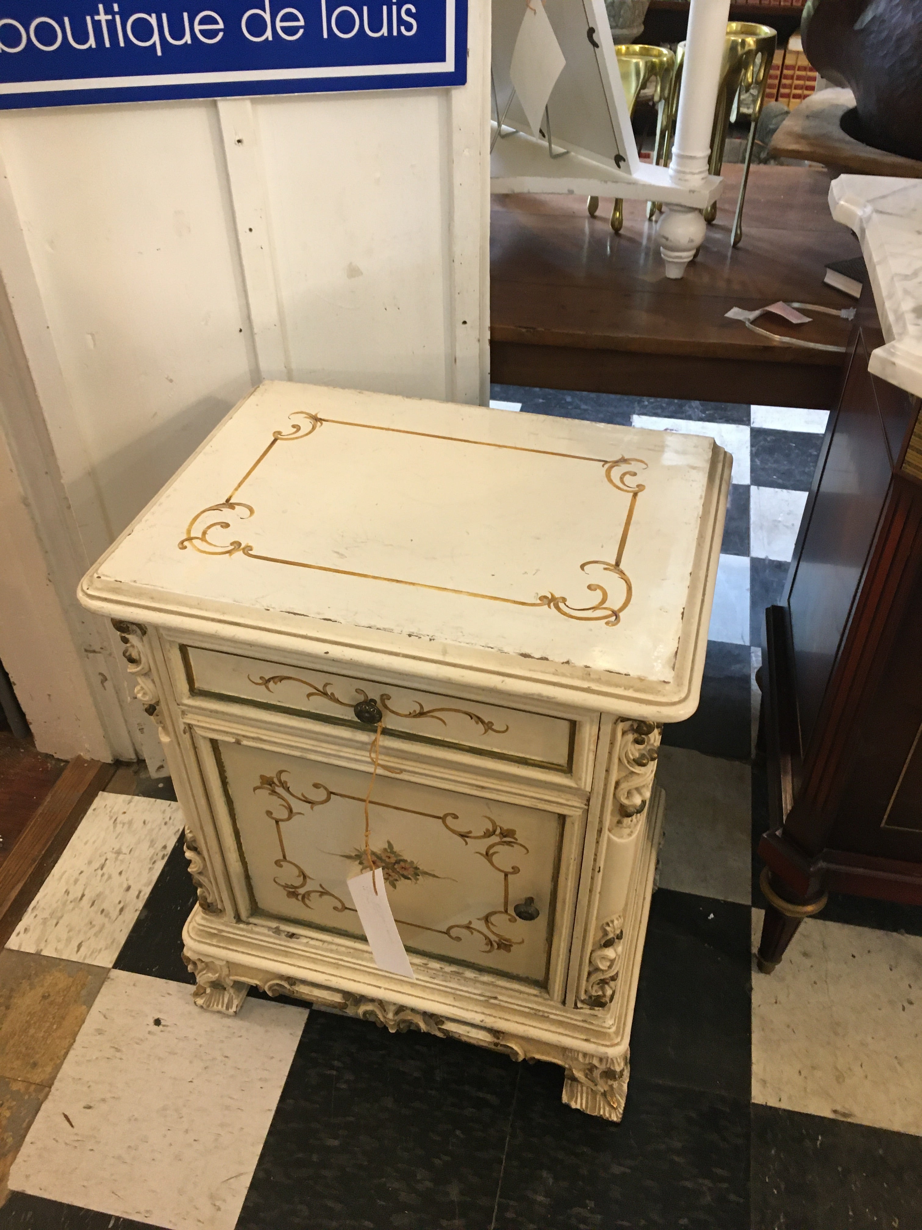 Pair Vintage Italian Painted Carved Bedside Cabinet (CHIPPY PAINT FINISH)