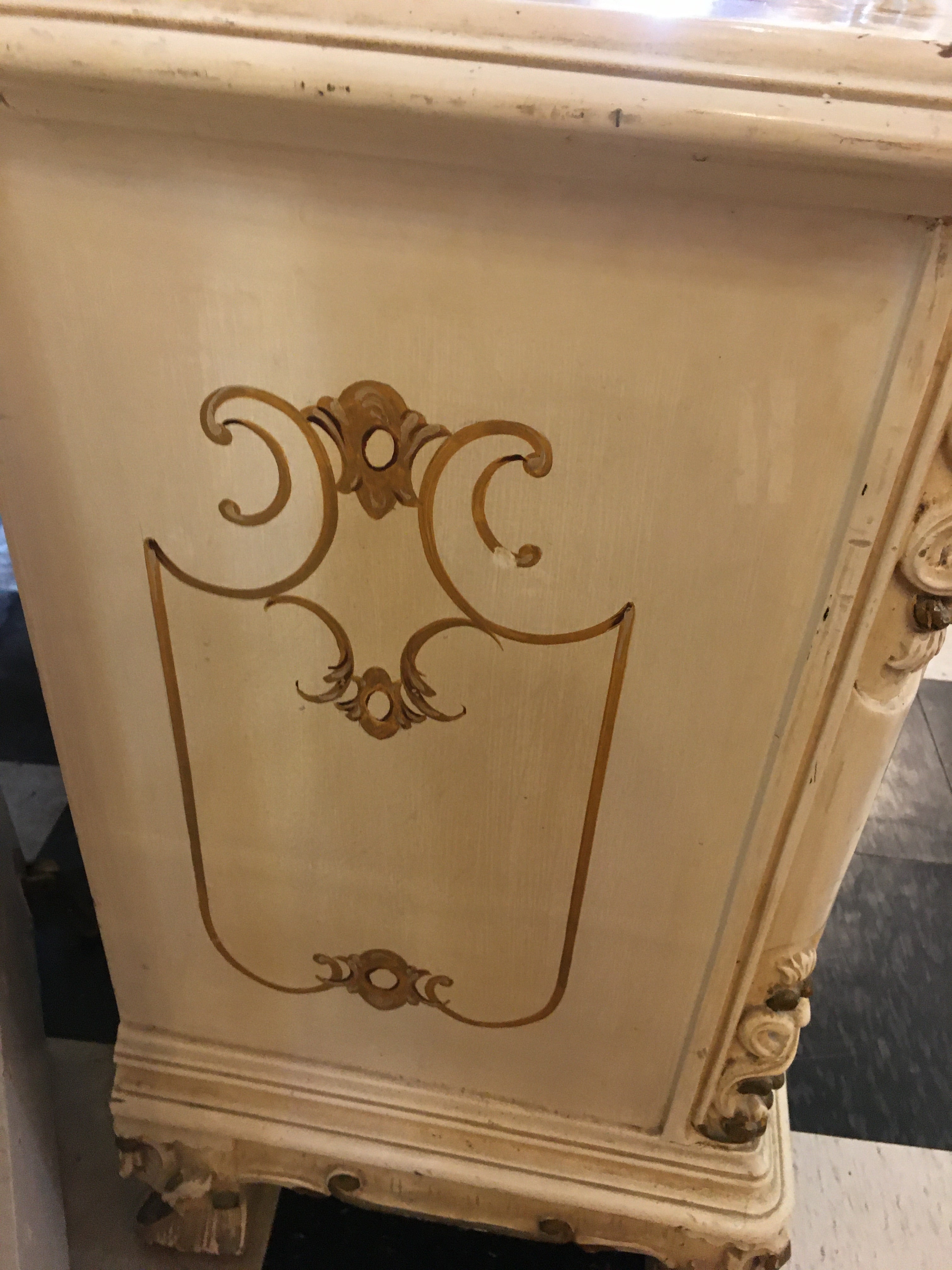 Pair Vintage Italian Painted Carved Bedside Cabinet (CHIPPY PAINT FINISH)