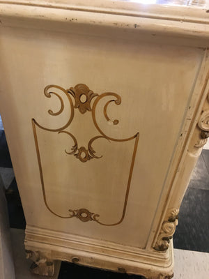 Pair Vintage Italian Painted Carved Bedside Cabinet (CHIPPY PAINT FINISH)