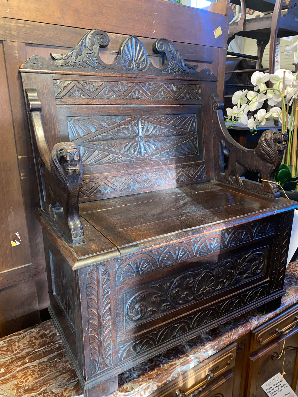 Lift Seat Gothic Carved Dark Oak Bench from Wales C. 1890