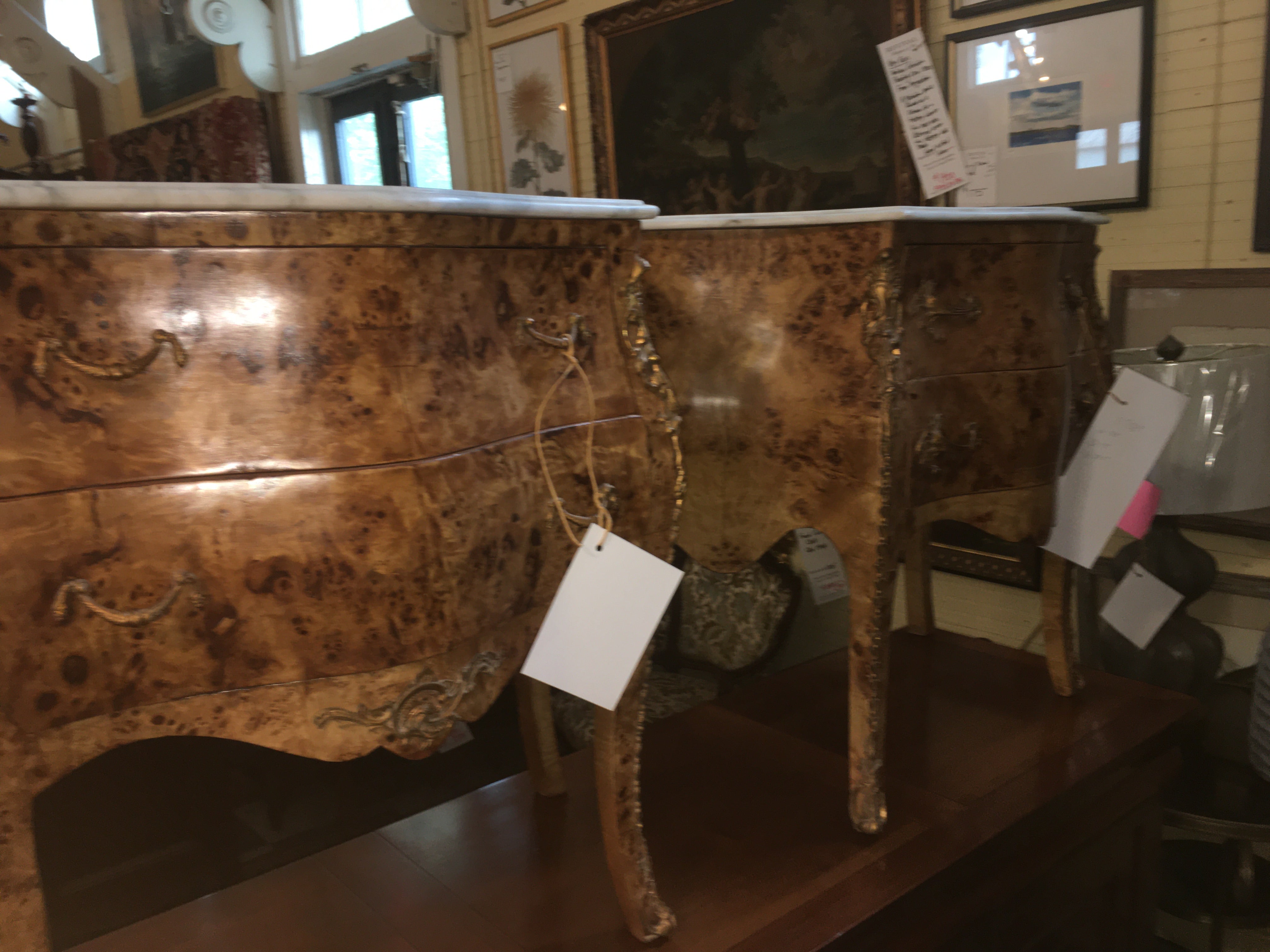 Very Near Pair Of Marble Top Reproduction French Bedside Chest