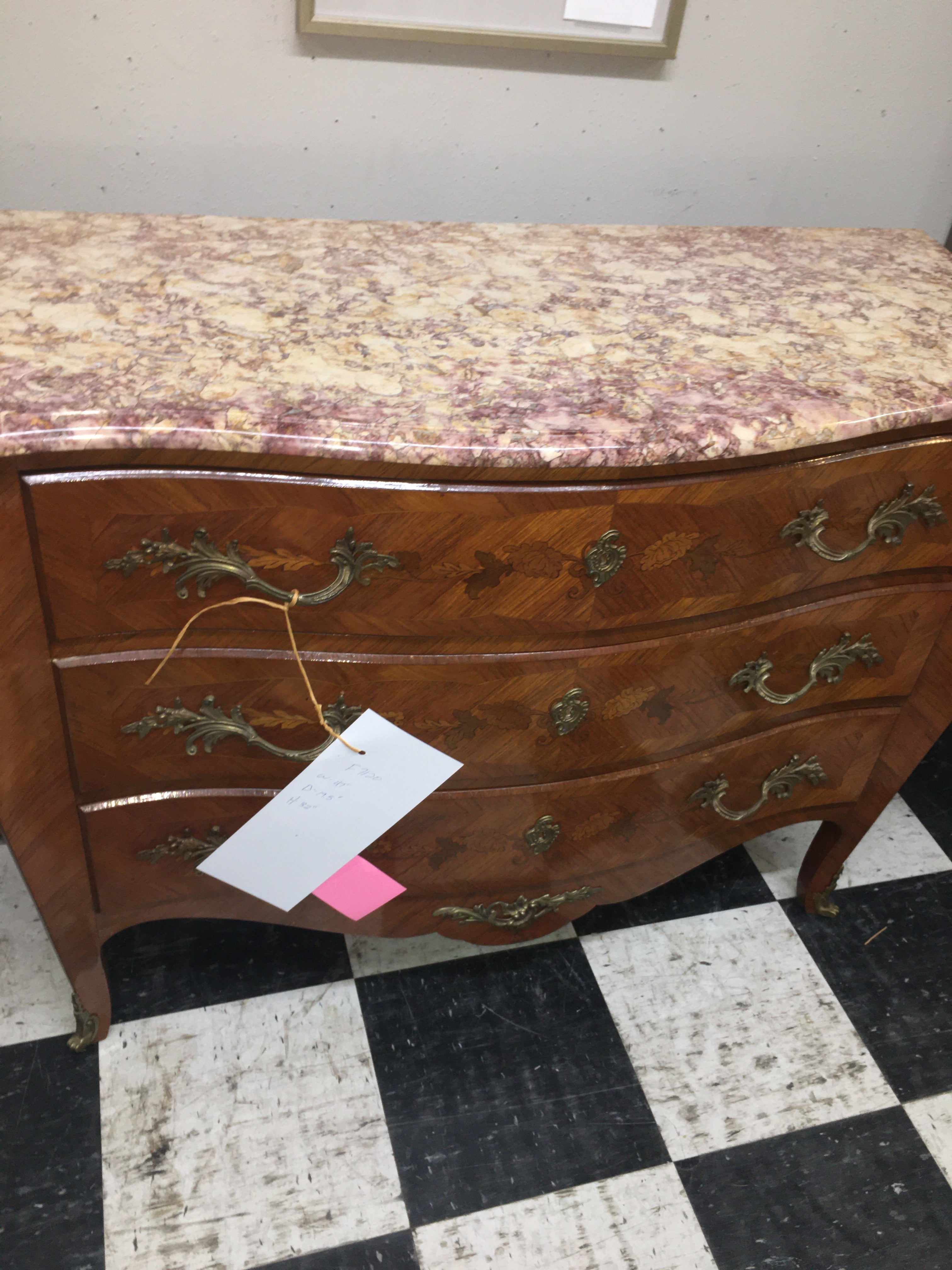 French Marquetry Inlaid Marble Top Chest  c.1920s
