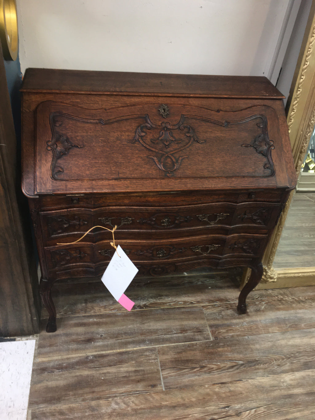 Fabulous Antique English Dark Oak Drop Front Desk  c.1900