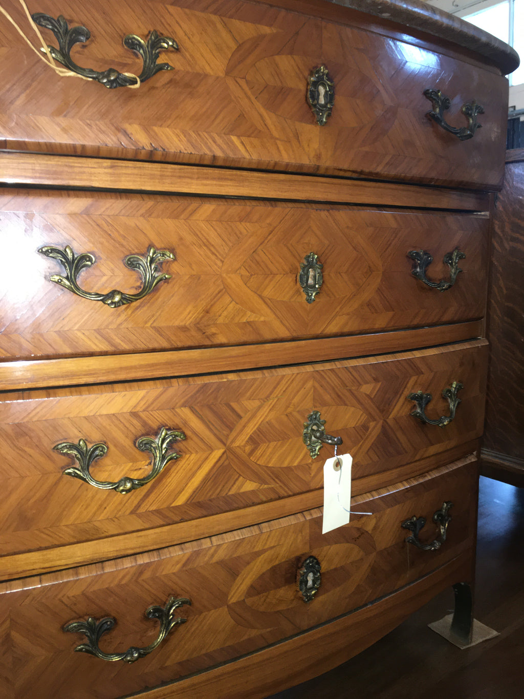 Petite Parquetry Inlaid French Kingwood Marble Top Chest  c.1920s