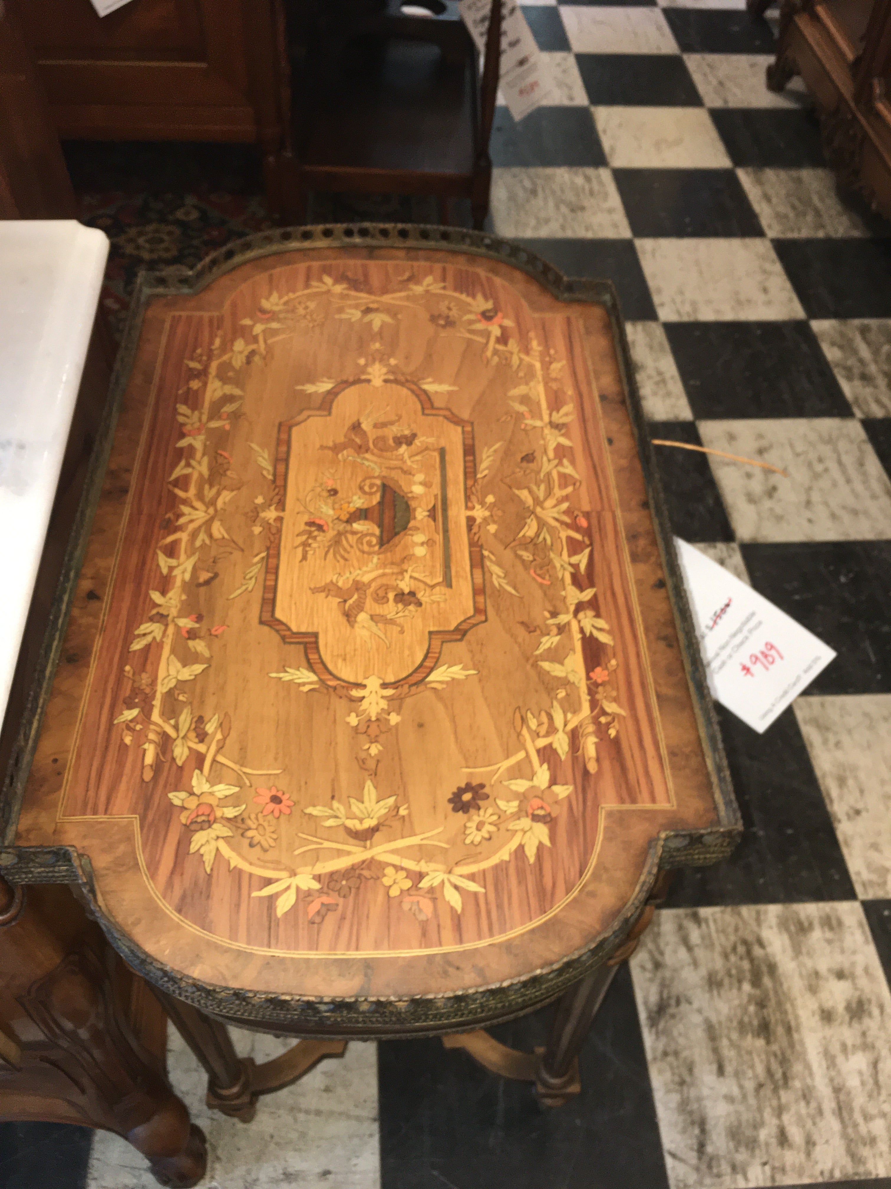 MARQUETRY INLAID FRENCH SALON BRASS GALLERY TABLE  c.1930s