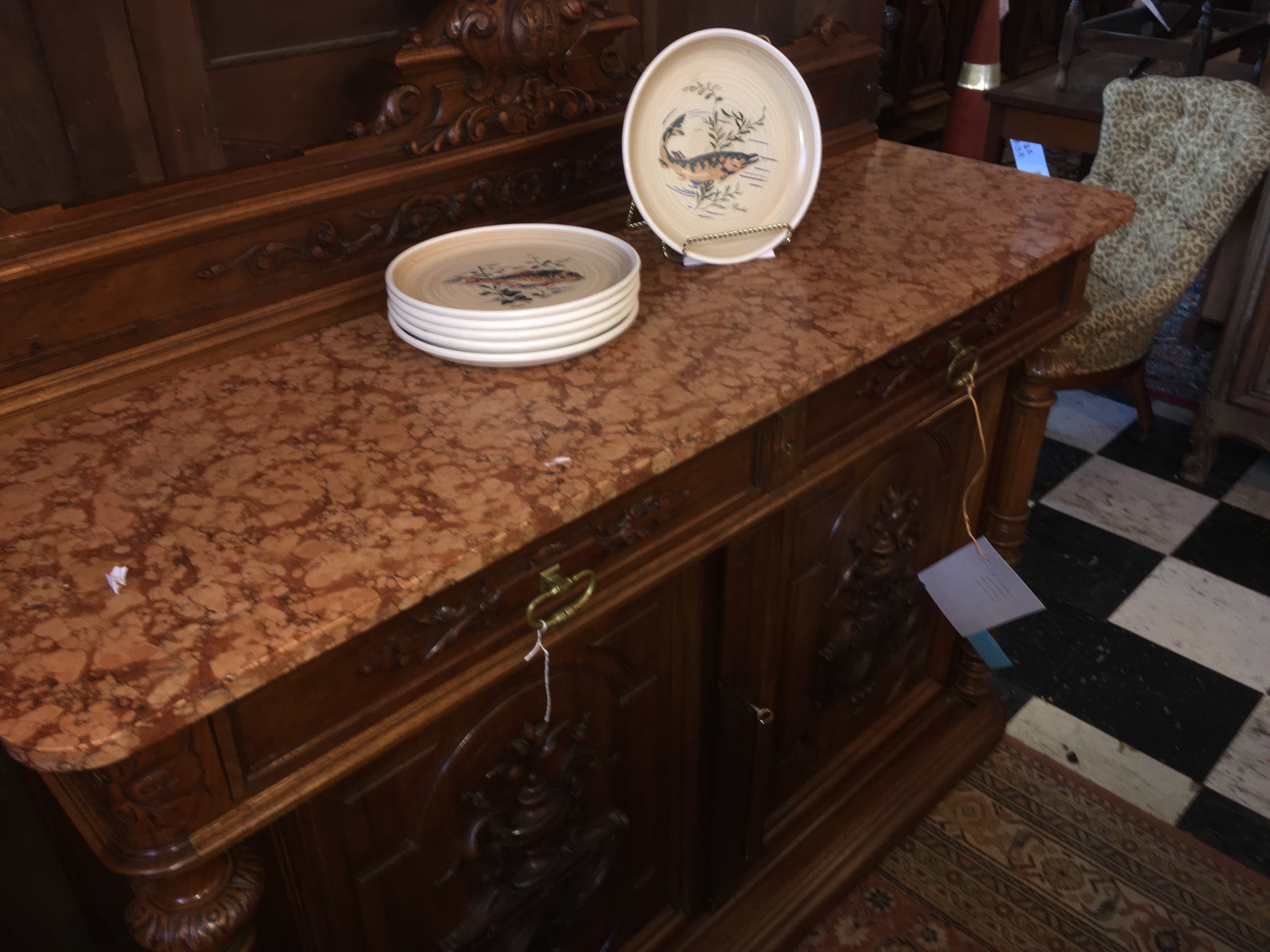 FRENCH WALNUT RENAISSANCE STYLE MARBLE TOP SHALLOW SIDEBOARD  c.1900