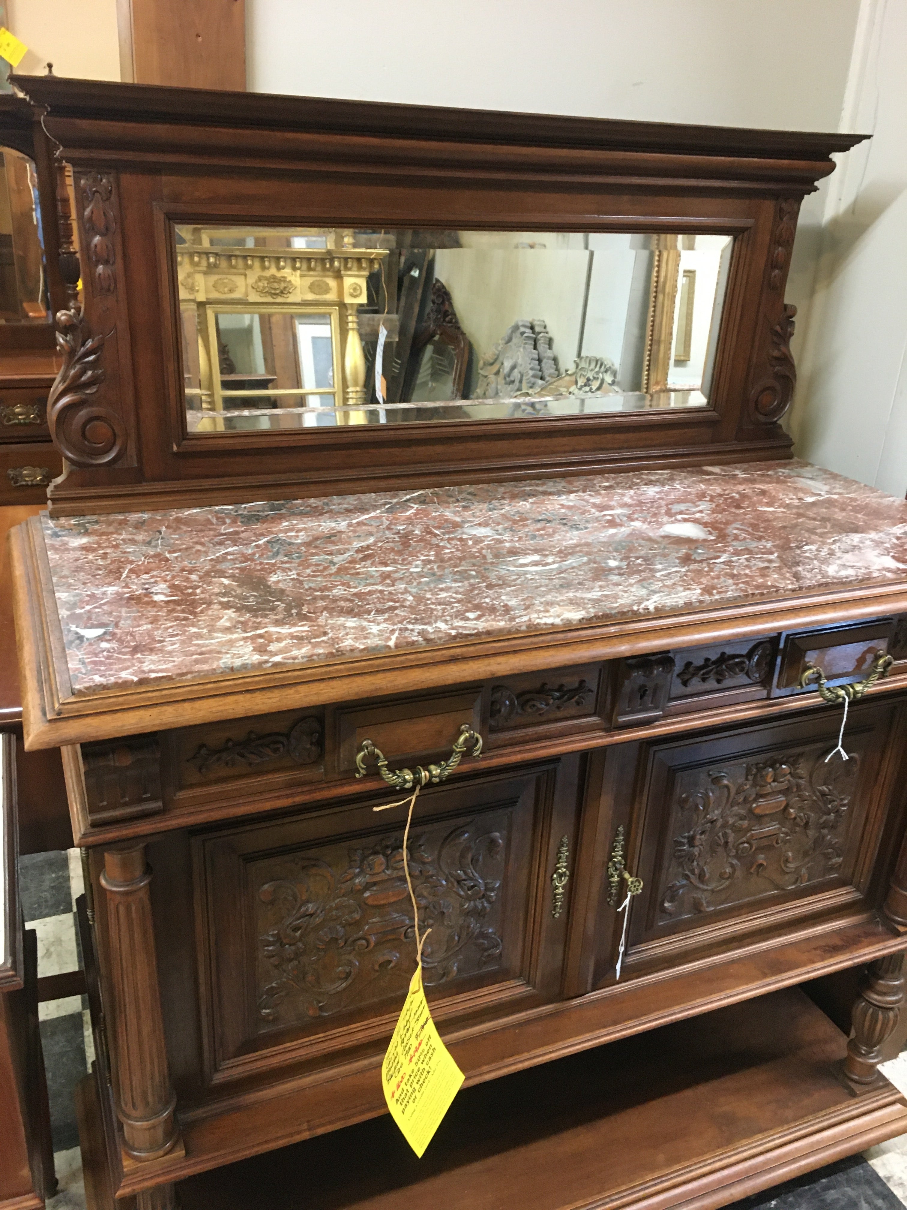 HENRI II STYLE CARVED WALNUT MARBLE TOP-MIRROR BACK DESSERT SERVER  c.1900