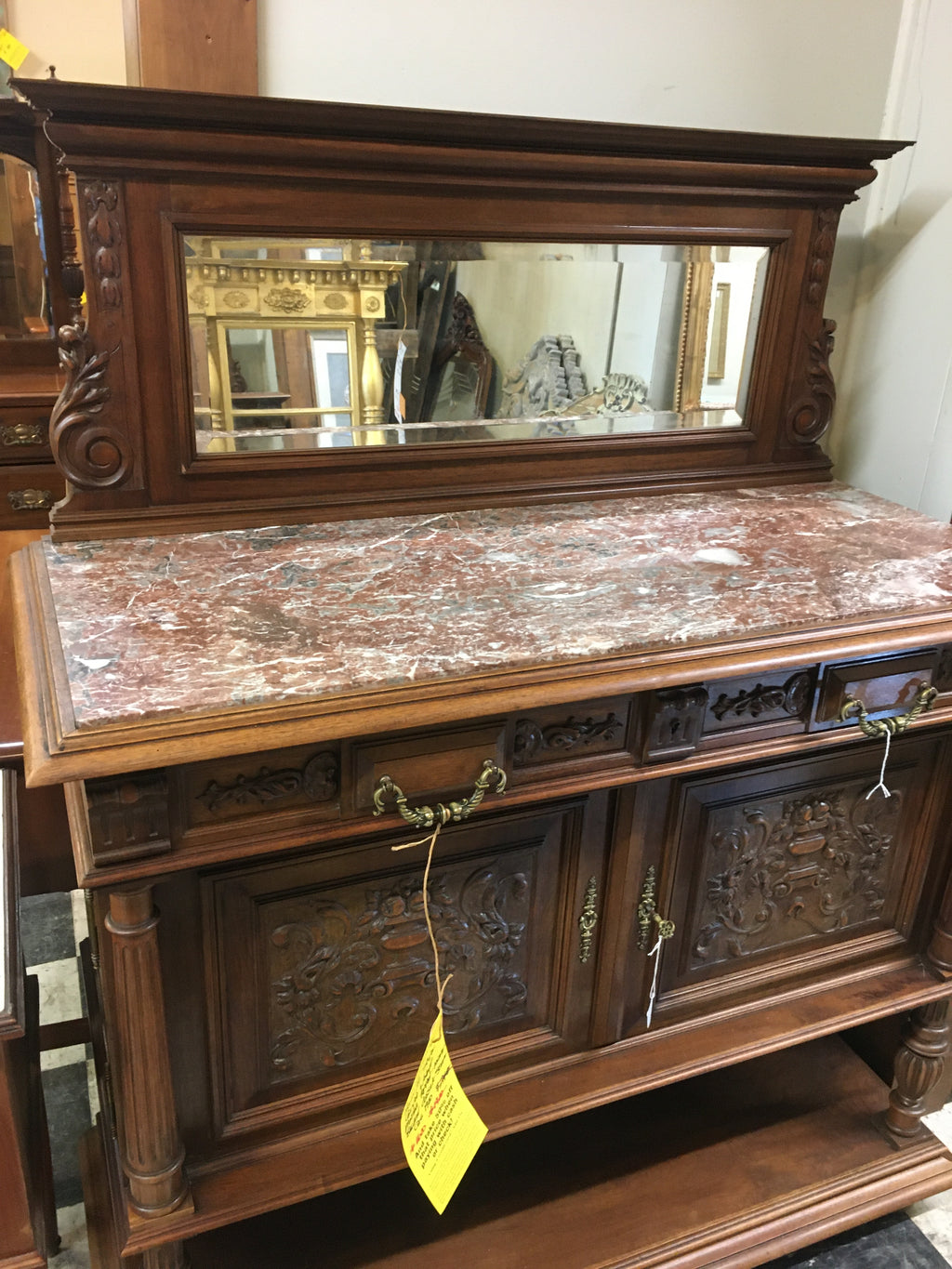 HENRI II STYLE CARVED WALNUT MARBLE TOP-MIRROR BACK DESSERT SERVER  c.1900