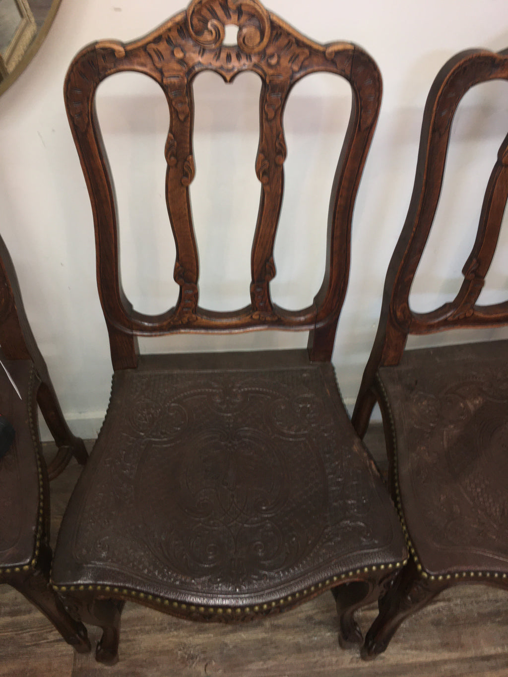 SET OF 6 RARE FRENCH EMBOSSED LEATHER DINING CHAIRS  c.1900