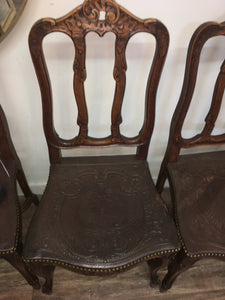 SET OF 6 RARE FRENCH EMBOSSED LEATHER DINING CHAIRS  c.1900