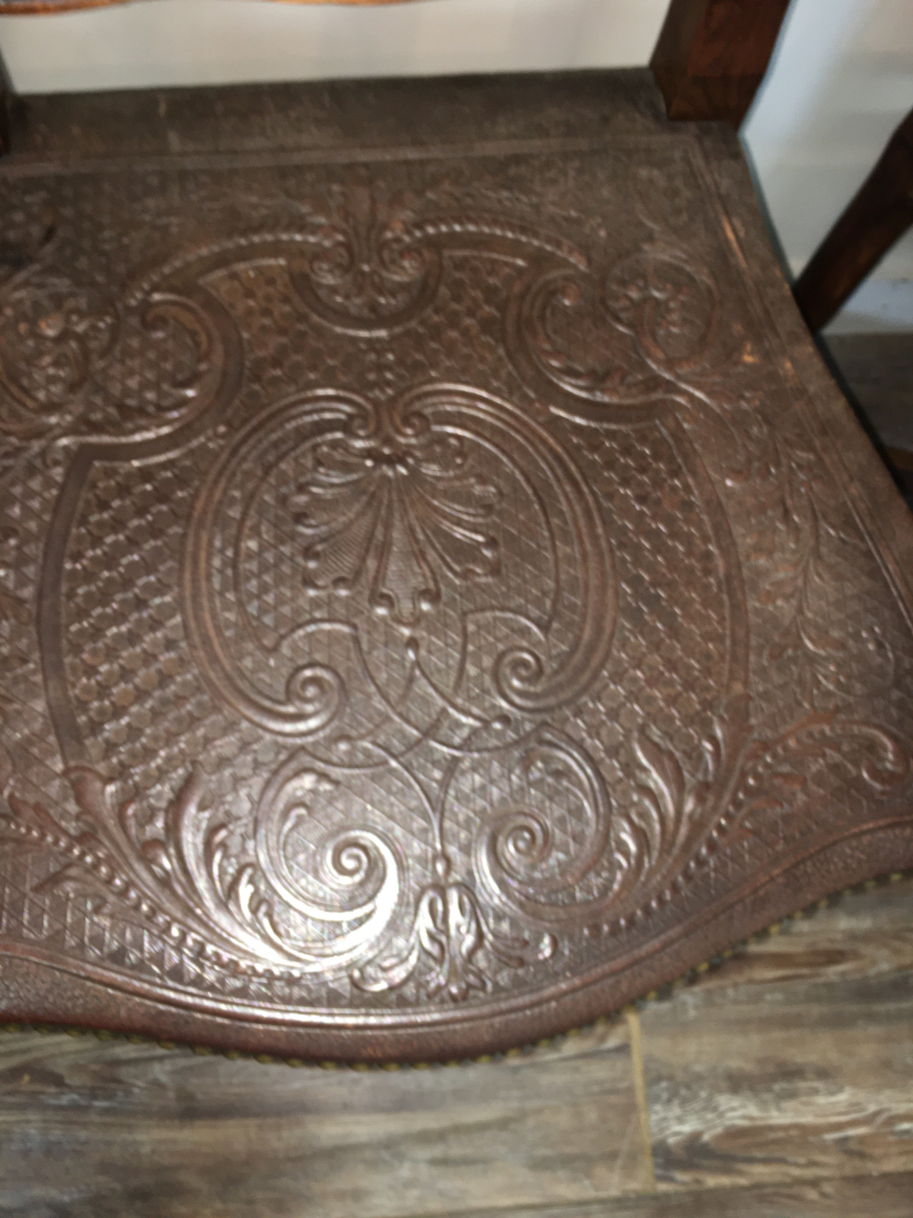 SET OF 6 RARE FRENCH EMBOSSED LEATHER DINING CHAIRS  c.1900