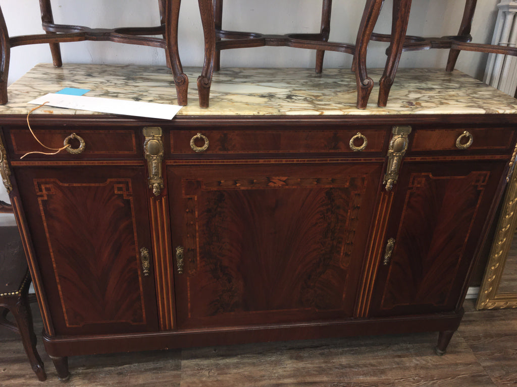 FRENCH INLAID MARBLE TOP ORMOLU TRIMMED PETITE SIDEBOARD  c.1920s AS IS