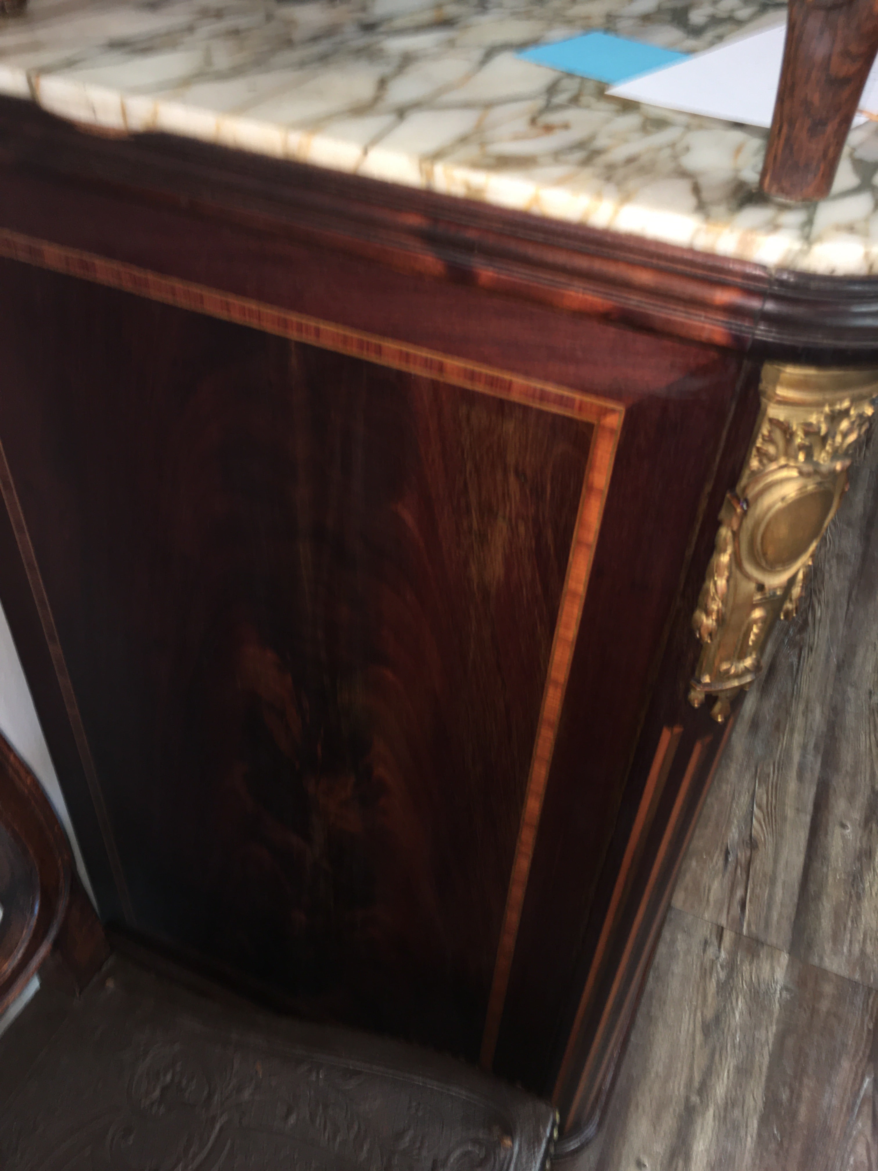 FRENCH INLAID MARBLE TOP ORMOLU TRIMMED PETITE SIDEBOARD  c.1920s AS IS