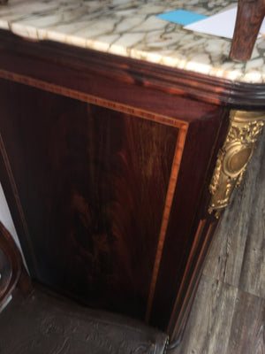FRENCH INLAID MARBLE TOP ORMOLU TRIMMED PETITE SIDEBOARD  c.1920s AS IS