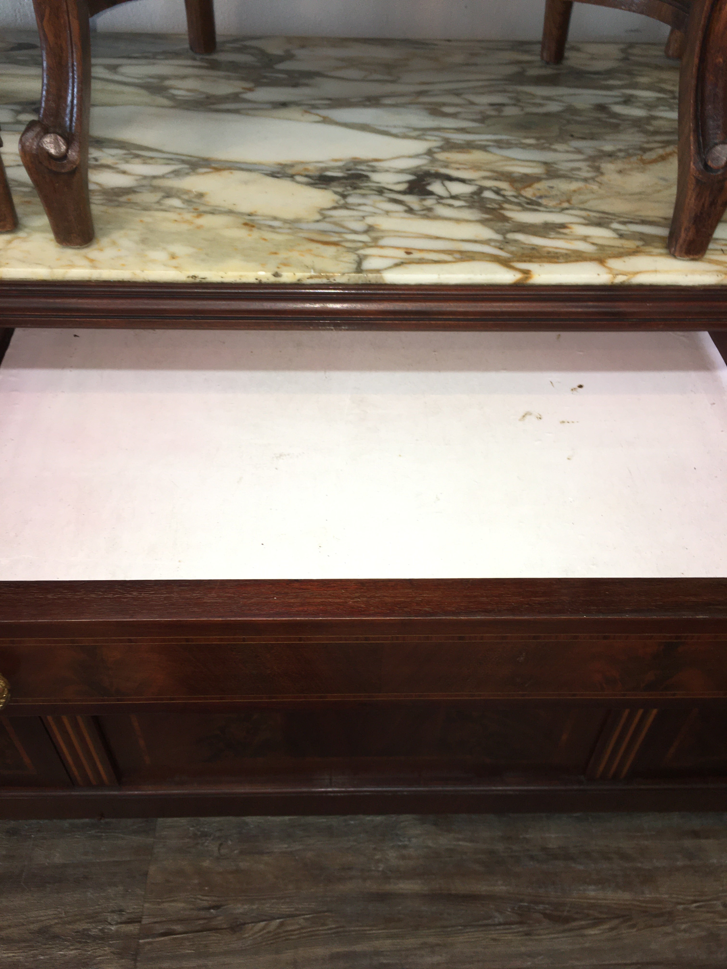 FRENCH INLAID MARBLE TOP ORMOLU TRIMMED PETITE SIDEBOARD  c.1920s AS IS