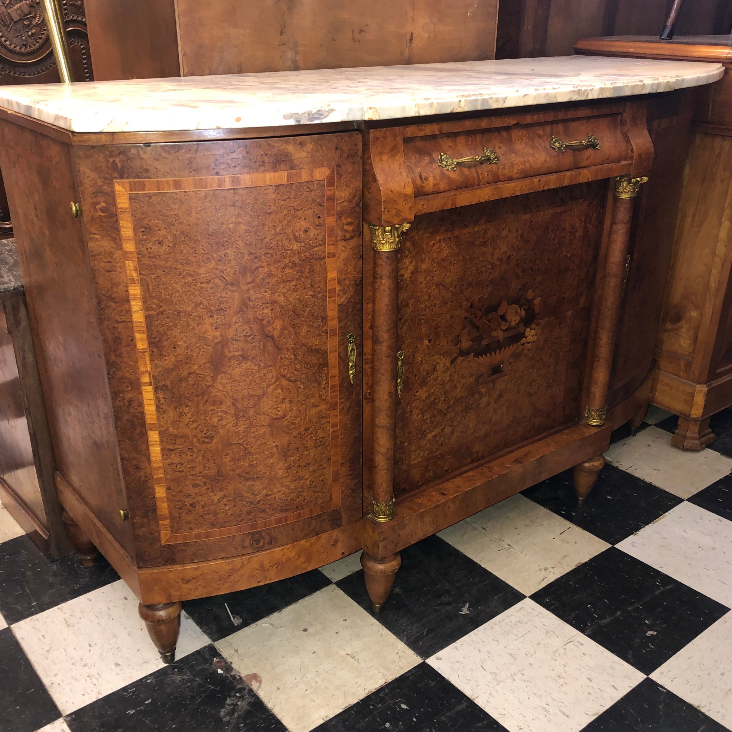 French Burled Elm Marble Top Sideboard C. 1930s