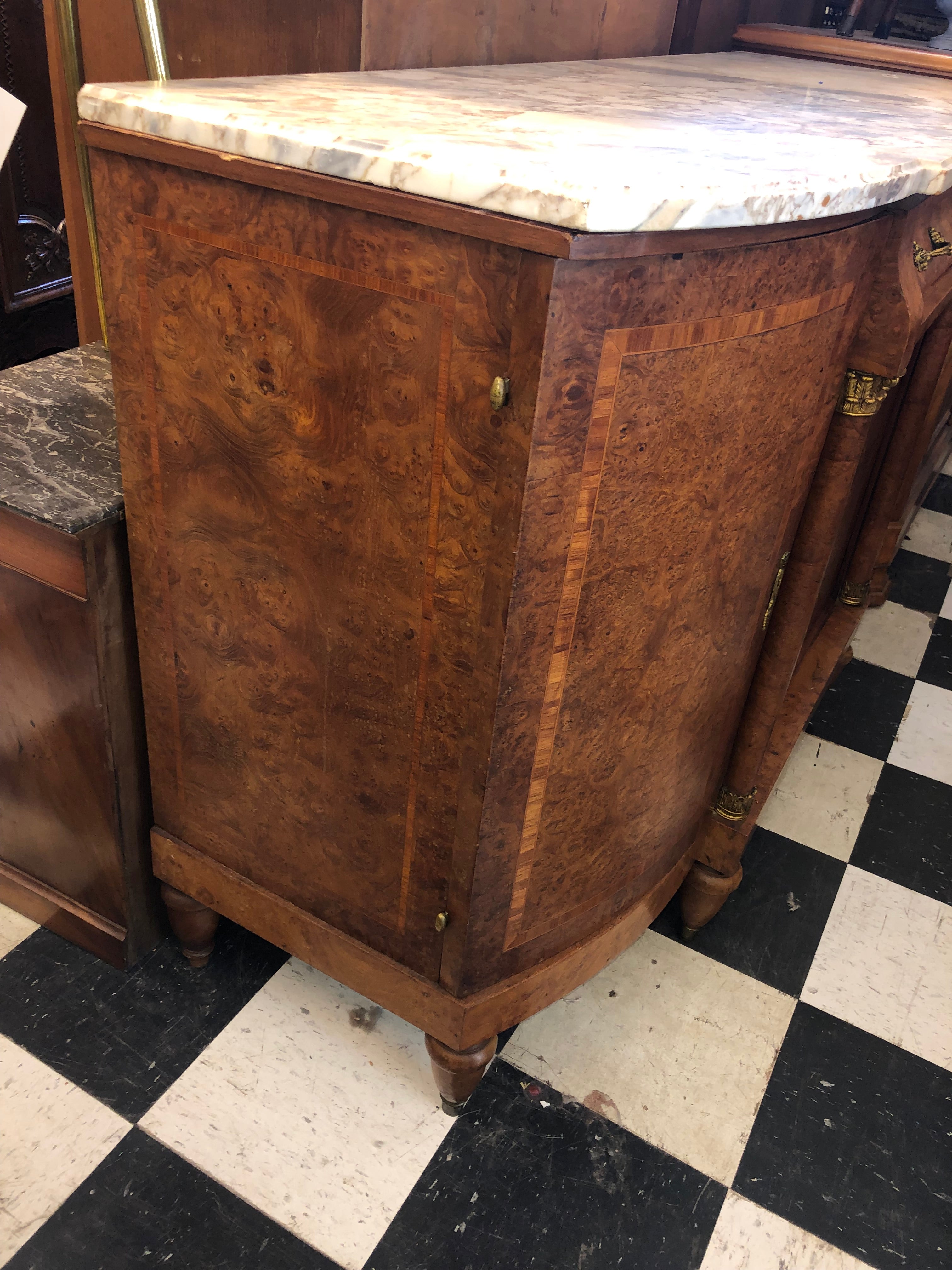 French Burled Elm Marble Top Sideboard C. 1930s