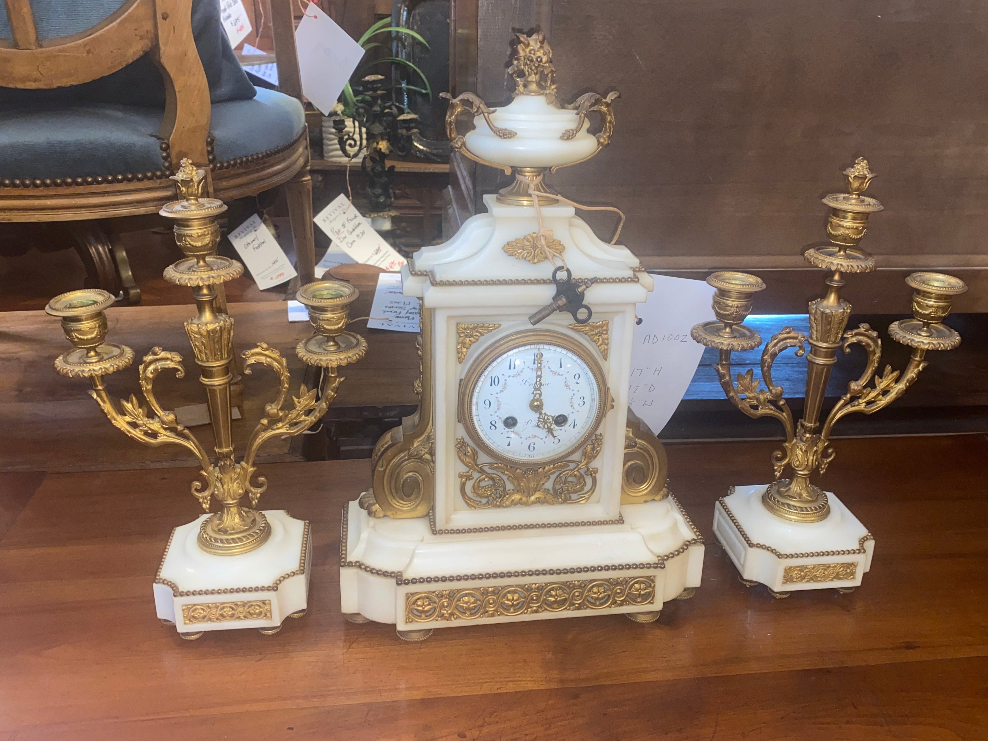 French Marble and Bronze Clock 3 Piece Set C. 1920s