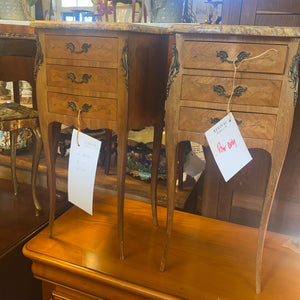 Pair of Inlaid Marble Topped French Bedside Chests Ormolu Trimmed C. 1930s